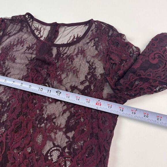 Lace Embroidered Y2K Mesh Top size S Burgundy Goth Fairy Grunge Festival Sheer - Picture 5 of 7